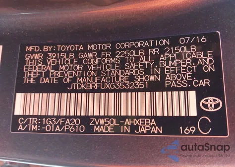2016 Toyota Prius Two from USA, damaged, VIN JTDKBRFUXG3532351